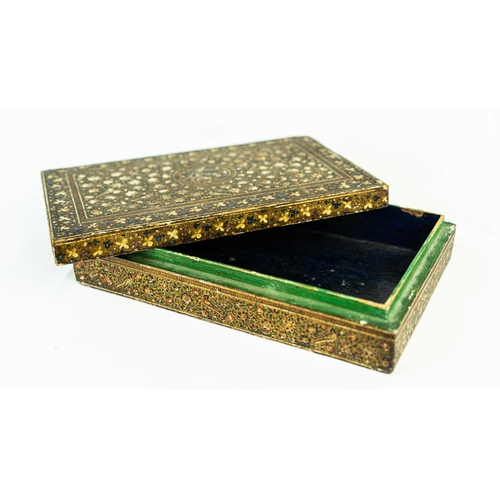 64 - A KASHMIRI PAPIER MACHÉ BOX, Of typical rectangular shape, resting on a flat base, painted in gilt a... 