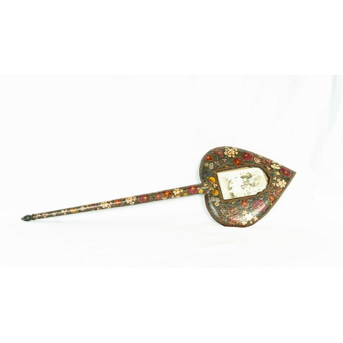 65 - A KASHMIRI PAPIER MACHÉ PHOTO FRAME , 19th CENTURY, INDIA, Of heart shape form with a long handle, i... 