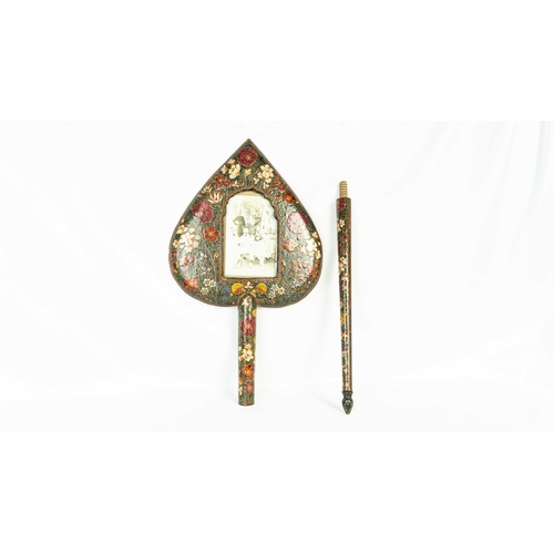 65 - A KASHMIRI PAPIER MACHÉ PHOTO FRAME , 19th CENTURY, INDIA, Of heart shape form with a long handle, i... 