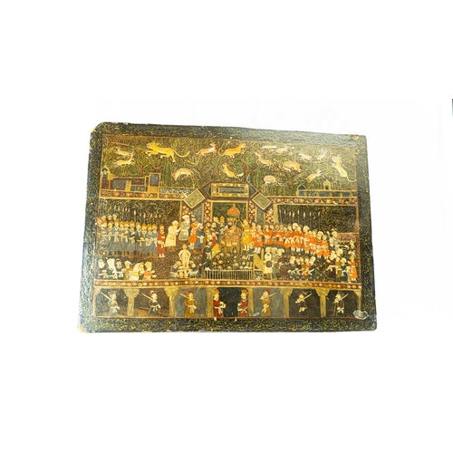 71 - A PAPIER MACHÉ PAINTING INDIA 19TH CENTURY, Of rectangular form, this lacquered piece painted in gol... 