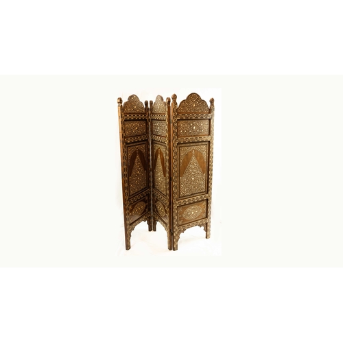 75 - AN ANGLO-INDIAN BONE INLAID EBONY FOLD SCREEN INDIA, 19TH/20TH CENTURY, Each of rectangular form wit... 