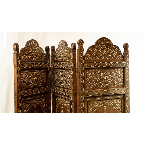 75 - AN ANGLO-INDIAN BONE INLAID EBONY FOLD SCREEN INDIA, 19TH/20TH CENTURY, Each of rectangular form wit... 