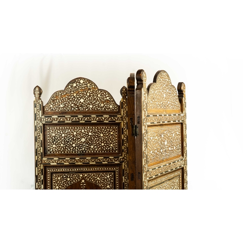 75 - AN ANGLO-INDIAN BONE INLAID EBONY FOLD SCREEN INDIA, 19TH/20TH CENTURY, Each of rectangular form wit... 