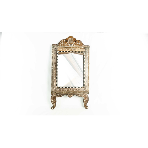 78 - A MOTHER OF PEARL INLAID MIRROR, Of typical rectangular shape with cusped arch-like top, the wood in... 