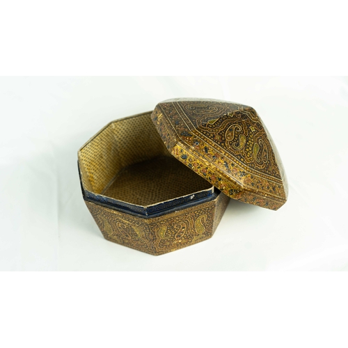 80 - A LACQUERED AND PAINTED PAPER MACHE POLYGONAL WOODEN BOX WITH LID, KASHMIR INDIA, 19TH CENTURY, Of o... 