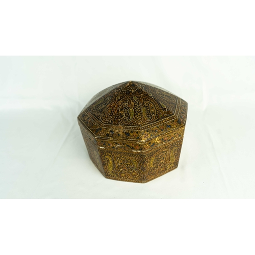 80 - A LACQUERED AND PAINTED PAPER MACHE POLYGONAL WOODEN BOX WITH LID, KASHMIR INDIA, 19TH CENTURY, Of o... 