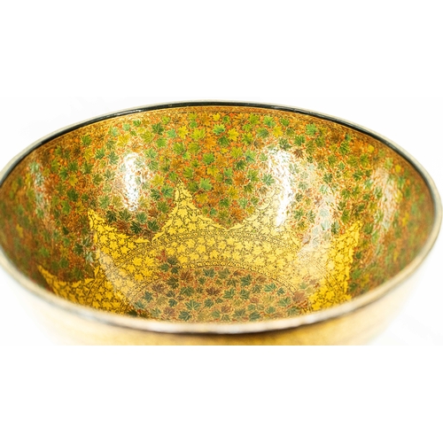 82 - LARGE KASHMERI LACQUER BOWL, Of hemispherical shape, resting on a short straight foot, lacquered and... 