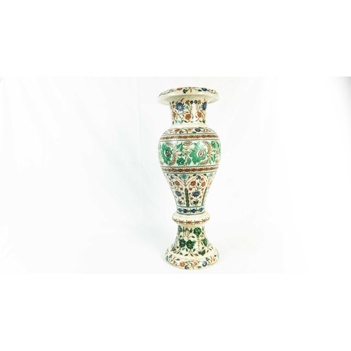 9 - AN INDIAN PIETRA DURA INLAID MARBLE VASE NORTH INDIA, MUGHAL STYLE, Of bulbous form, tapering to a f... 