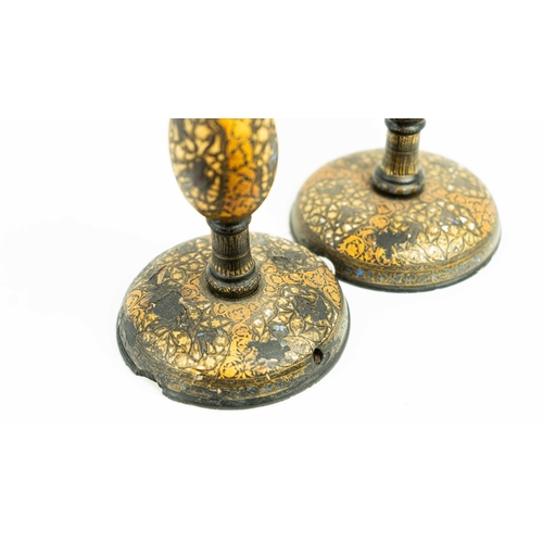 84 - A PAIR OF KASHMIRI LACQUERED CANDLESTICKS, 19TH CENTURY, Each of baluster form, resting on domed foo... 