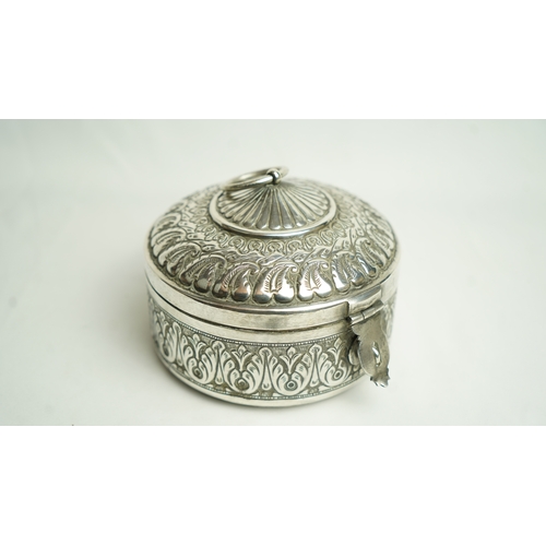 95 - A LARGE SILVER ROUND LIDDED BOX, Of circular form, resting on a flat base, with a hinged raised lid,... 