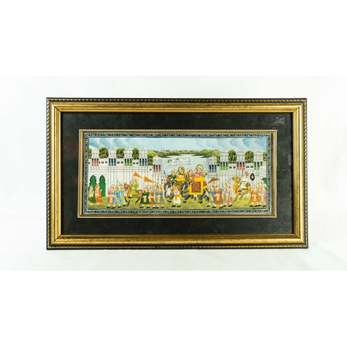 145 - AN INDIAN GAUCHE ON TEXTILE DECORATIVE MODERN MINIATURE INDIAN 20TH CENTURY, A captivating portrayal... 