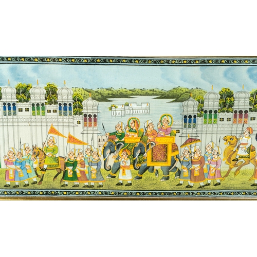 145 - AN INDIAN GAUCHE ON TEXTILE DECORATIVE MODERN MINIATURE INDIAN 20TH CENTURY, A captivating portrayal... 