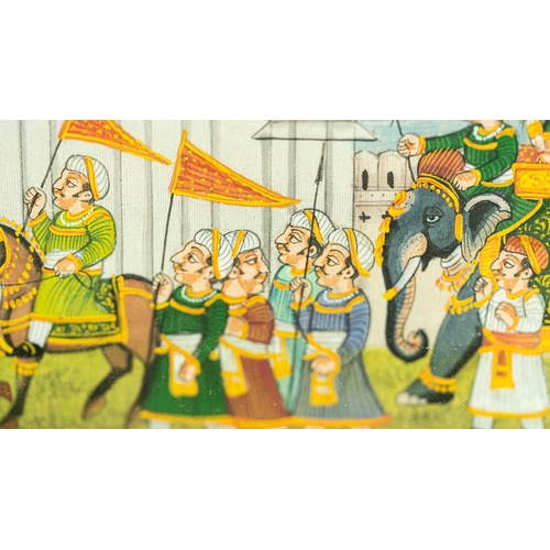 145 - AN INDIAN GAUCHE ON TEXTILE DECORATIVE MODERN MINIATURE INDIAN 20TH CENTURY, A captivating portrayal... 