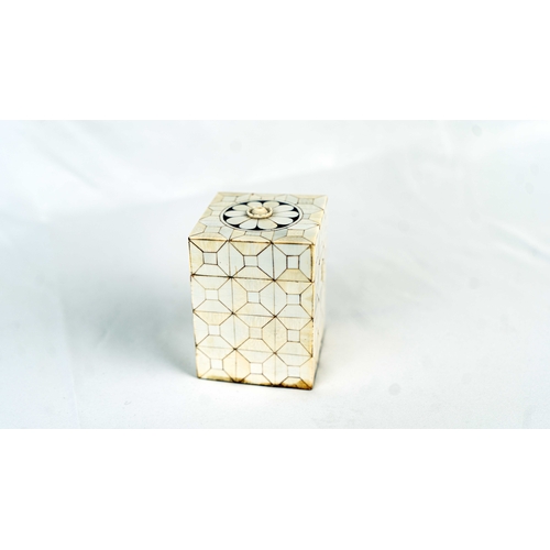 147 - A MOTHER OF PEARL INLAID WOODEN BOX, Of cuboid form, with a pull off lid, the exterior with panels o... 