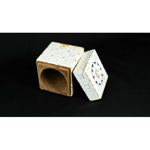 147 - A MOTHER OF PEARL INLAID WOODEN BOX, Of cuboid form, with a pull off lid, the exterior with panels o... 