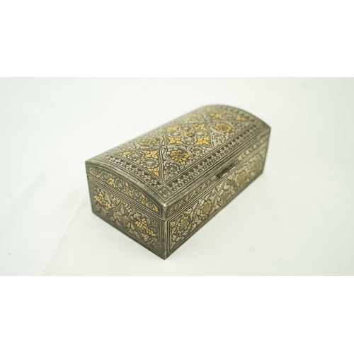 148 - AN INDIAN BIDRI ENGRAVED METAL BOX WITH HINGED LID, Of rectangular form metal engraved box, exterior... 