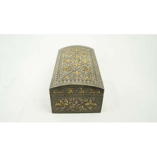 148 - AN INDIAN BIDRI ENGRAVED METAL BOX WITH HINGED LID, Of rectangular form metal engraved box, exterior... 