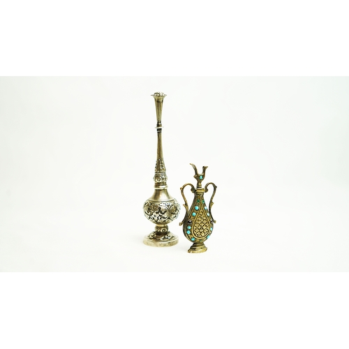 151 - A TINY ROSE WATER SPRINKLE GULABDAN AND EWER FORM ORNAMENT, Of conventional bulbous form upon a spre... 