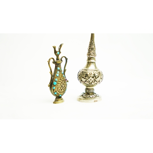 151 - A TINY ROSE WATER SPRINKLE GULABDAN AND EWER FORM ORNAMENT, Of conventional bulbous form upon a spre... 