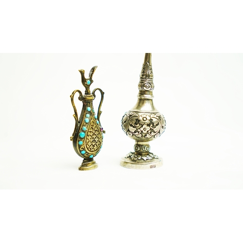 151 - A TINY ROSE WATER SPRINKLE GULABDAN AND EWER FORM ORNAMENT, Of conventional bulbous form upon a spre... 