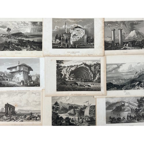 10 STEEL 
ENGRAVING PLATES FROM MEYERS UNIVERSUM, FROM THE ART INSTITUTE OF THE LIBRARY IN HILDBH, 1840
Steel engraving plates from a popular book (Meyer’s Universe), the plates including views of Bey Palanka in Syrmien, Die Veteranische Höhle (The Veteran Cave) in Syrmien, Sultan Selim’s Mosque in Constantinople, DerNeue Pallast des Sultans (The Sultan’s New Palace) in Dolmabahce Bosphorus, Roma in Der Türkey (Roma in Turkey), Smyrna in Kleinasien (Smyrna in Asia Minor), Sardis, Die Ruinen Von Tyrus (The Ruins of Tyre), Die Residenz Des Türkischen Pacha’s zu Orsova (The Residence of the Turkish Pacha in Orsova, Romania), Mytilene, 
16.5x10.2cm, 16.2 x 10.5cm, 15.5x9.5cm, 15.5x10.8cm