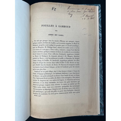 92 - FOUILLES 
À GAMHOUD ‘EXCAVATIONS AT GAMHOUD’, BY AHMED BEY KAMAL, A SIGNED COPY, CAIRO, 1908
Book in... 