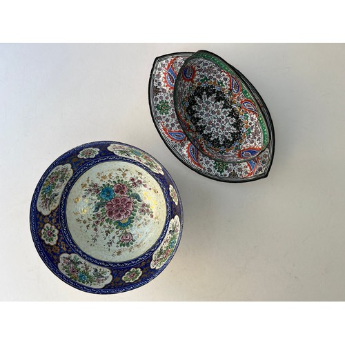 58 - A MINAKARI BOWL AND TRAY SET AND A LARGE MINAKARI BOWL 
19TH CENTURY, QAJAR PERSIA 
Both fluted and ... 