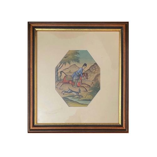 TWO QAJAR STYLE HUNTING SCENES, PERSIA, 20TH CENTURY
Watercolour on paper, the vertical composition depicting two hunters on horseback accompanied by hounds and a falcon, mounted and framed, 15cm x 12cm