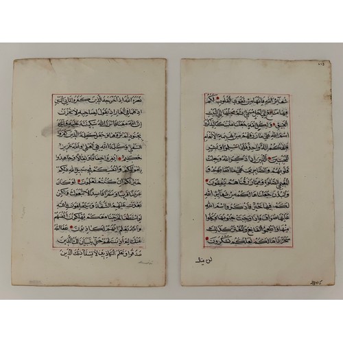 106 - TWO FOLIOS FROM A QUR’AN, 19TH CENTURY
Arabic manuscript on paper, 13 lines to the page, written in ... 