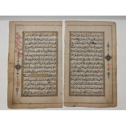 115 - TWO QUR’AN FOLIOS, KASHMIR, INDIA, 19TH CENTURY
Arabic manuscript on paper, 15ll. of black naskh scr... 