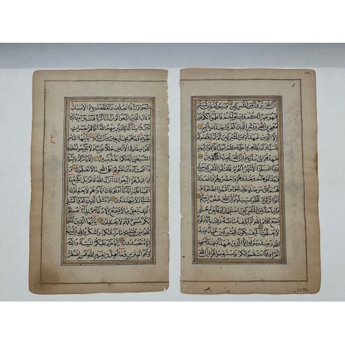 115 - TWO QUR’AN FOLIOS, KASHMIR, INDIA, 19TH CENTURY
Arabic manuscript on paper, 15ll. of black naskh scr... 