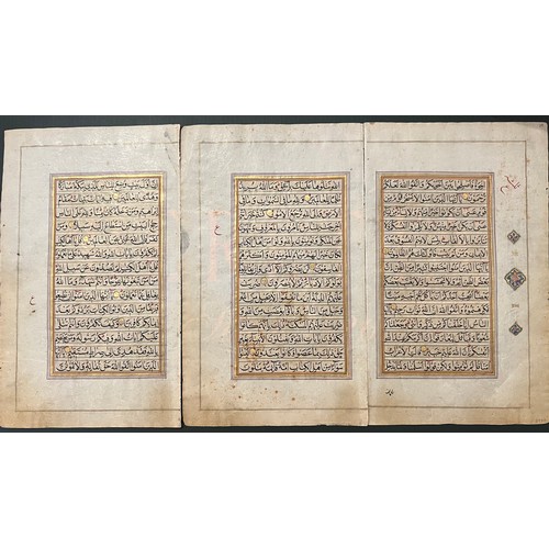 117 - THREE QUR’AN FOLIOS, 18TH CENTURY, INDIA
Arabic manuscript on polished paper, 14ll. of black naskh s... 