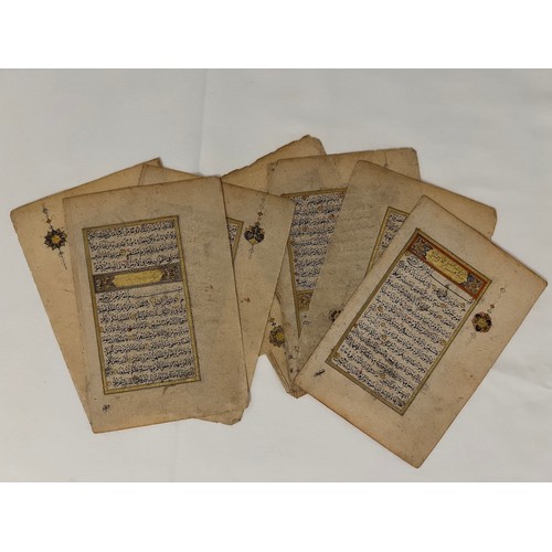 122 - SEVEN FOLIOS FROM AN OTTOMAN QUR’AN,
19TH CENTURY
Arabic manuscript on paper, 15ll. of black naskh s... 