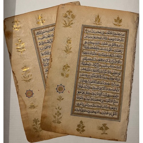 124 - TWO QUR’AN FOLIOS, INDIAN, 19TH CENTURY
Arabic manuscript on paper, 15ll. of black naskh script betw... 