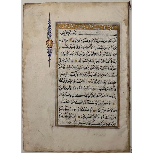 125 - A SECTION FROM A QUR’AN, OTTOMAN, TURKEY, 19TH CENTURY
Arabic manuscript on ivory paper,10ff., 15ll.... 