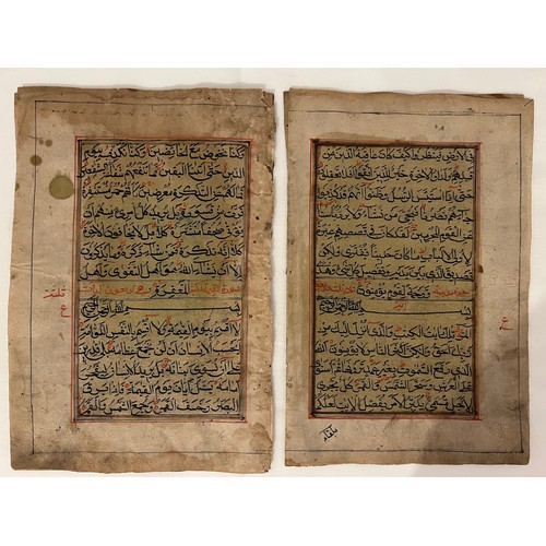 127 - 7 FOLIOS FROM A QURAN, INDIA, 19TH CENTURY
Arabic manuscript on dyed paper, 14ll. of black naskh scr... 