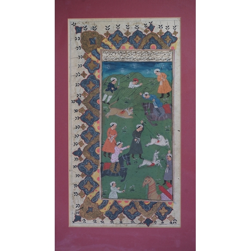 100 - A MUGHAL MODERN MINIATURE, INDIA
A group of mughal nobles out for gazel hunting, gauche pigments and... 