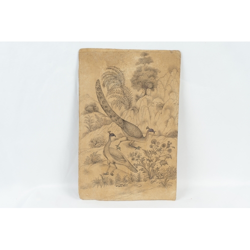 90 - A GRISAILLE ILLUSTRATED FOLIO WITH PEACOCKS 
Of vertical composition, the illustrated folio showcasi... 