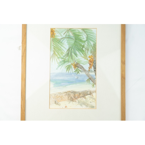 96 - A WATERCOLOUR PAINTING, A TROPICAL BEACH
Of vertical composition, the painting rendered in watercolo... 