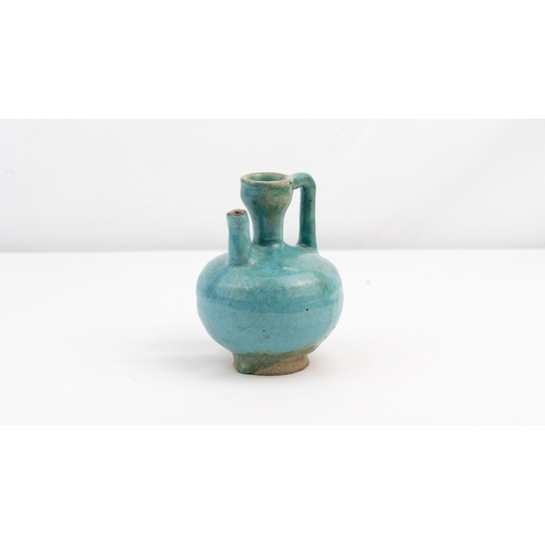 1 - A SET OF FOUR GLAZED EARTHENWARES, KASHAN, IRAN, CIRCA 1200   GLOBULAR JUG, With spherical body on s... 