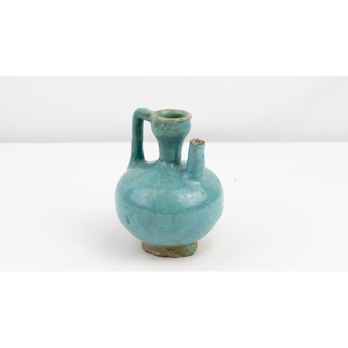 1 - A SET OF FOUR GLAZED EARTHENWARES, KASHAN, IRAN, CIRCA 1200   GLOBULAR JUG, With spherical body on s... 