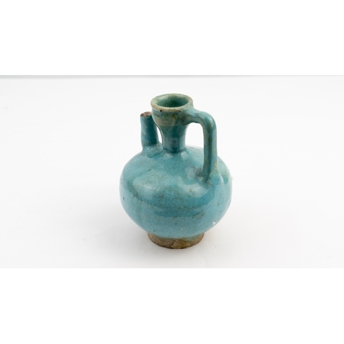 1 - A SET OF FOUR GLAZED EARTHENWARES, KASHAN, IRAN, CIRCA 1200   GLOBULAR JUG, With spherical body on s... 