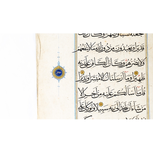 14 - AN ILKHNAID QUR’AN SECTION, JUZ 16, 
IRAN, 14TH CENTURY.  Arabic manuscript on paper, 15 folios,7 li... 