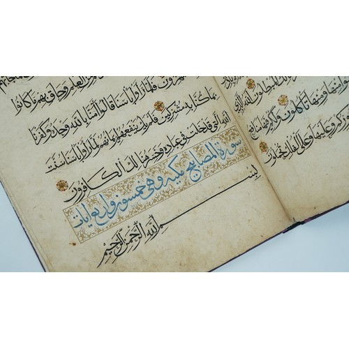 A QUR'AN SECTION   Arabic manuscript on paper, 9 folios plus two flyleaves, 9 lines of elegant black muhaqqaq script, gold florish roundels between verses, sura headings in blue thuluth reserved in illuminated gold cartouches, 41 x 27 cm