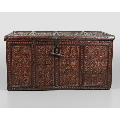 44 - A LAVISHLY ENGRAVED WOODEN CHEST
NORTH AFRICA OR SPAIN   Of typical rectangular shape, the chest wit... 