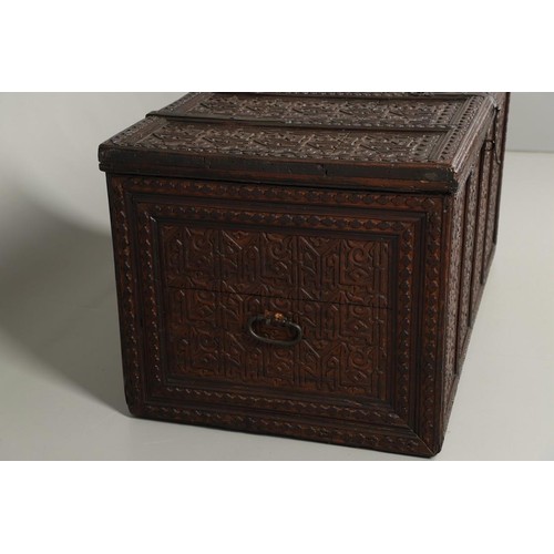 44 - A LAVISHLY ENGRAVED WOODEN CHEST
NORTH AFRICA OR SPAIN   Of typical rectangular shape, the chest wit... 