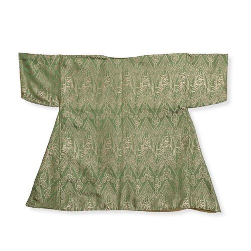 62 - A GREEN SILK LAMPAS CALLIGRAPHIC KAFTAN, OTTOMAN TURKEY OR EGYPT, 19TH / 20TH CENTURY   An Ottoman K... 