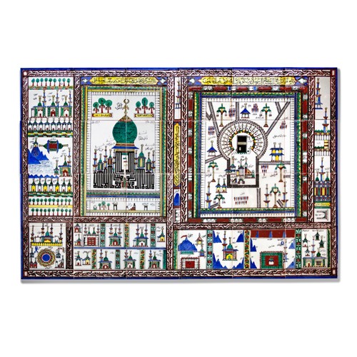 93 - AN IMPRESSIVE KUTAHYA POTTERY PANEL 
DEPICTING A HAJJ MAP OF MECCA AND MEDINA, 
19TH EARLY 20TH CENT... 