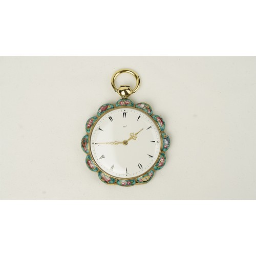 98 - BLONDEL & MELLY, GENEVA, A SCALLOP-SHAPED CYLINDER WATCH IN GOLD AND ENAMEL, FOR OTTOMAN MARKET, ARO... 