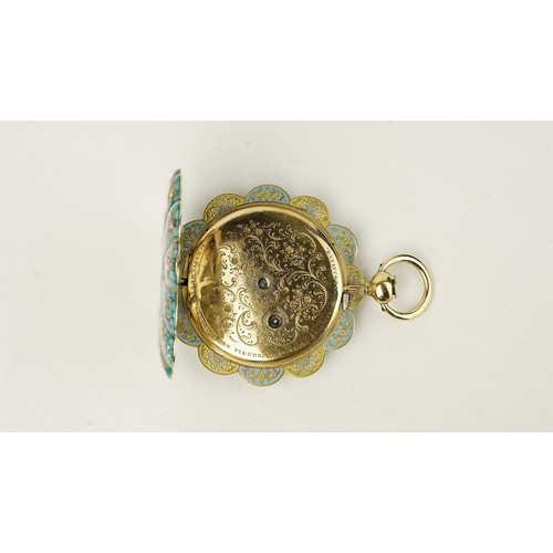 98 - BLONDEL & MELLY, GENEVA, A SCALLOP-SHAPED CYLINDER WATCH IN GOLD AND ENAMEL, FOR OTTOMAN MARKET, ARO... 